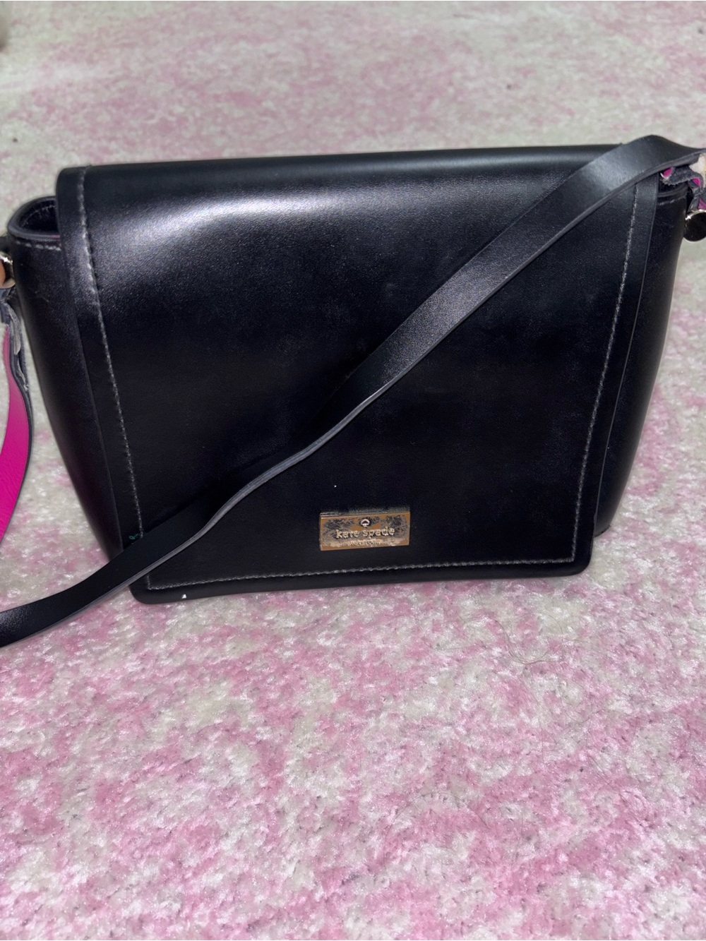 kate spade Black Leather Crossbody with Pink Accent Strap